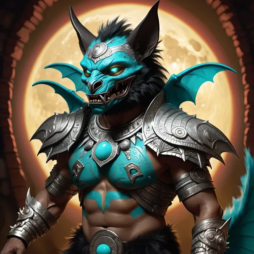 Prompt: hyper-realistic character, fantasy character art, illustration, dnd, warm tone, full body image of Camazotz, the Mayan anthropomorphic bat god, wearing turquoise and silver armor, silver moon behind him, dramatic shot, manipulator of blood, soft yellow glow of his eyes, black fur, particles of blood dance around him