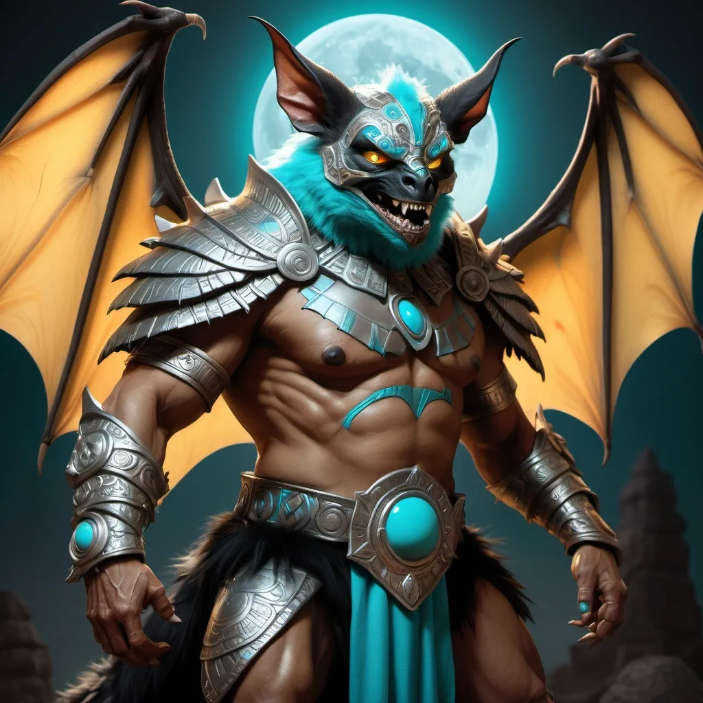 Prompt: hyper-realistic character, fantasy character art, illustration, dnd, warm tone, full body image of Camazotz, the Mayan anthropomorphic bat god, wearing turquoise and silver armor, silver moon behind him, dramatic shot, manipulator of blood, soft yellow glow of his eyes, black fur