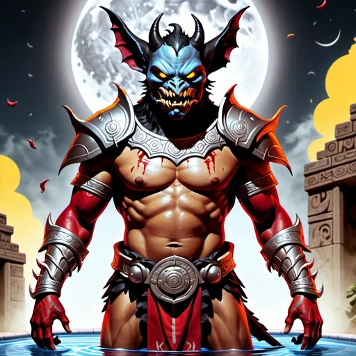 Prompt: hyper-realistic character, fantasy character art, illustration, dnd, warm tone, full body image of Camazotz, the Mayan anthropomorphic bat god, wearing turquoise and silver armor, silver moon behind him, dramatic shot, manipulator of blood, soft yellow glow of his eyes, black fur, standing in a pool of crimson blood