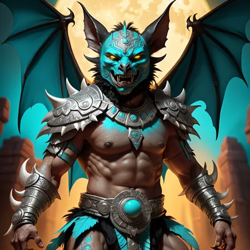 Prompt: hyper-realistic character, fantasy character art, illustration, dnd, warm tone, full body image of Camazotz, the Mayan anthropomorphic bat god, wearing turquoise and silver armor, silver moon behind him, dramatic shot, manipulator of blood, soft yellow glow of his eyes, black fur, particles of blood dance around him