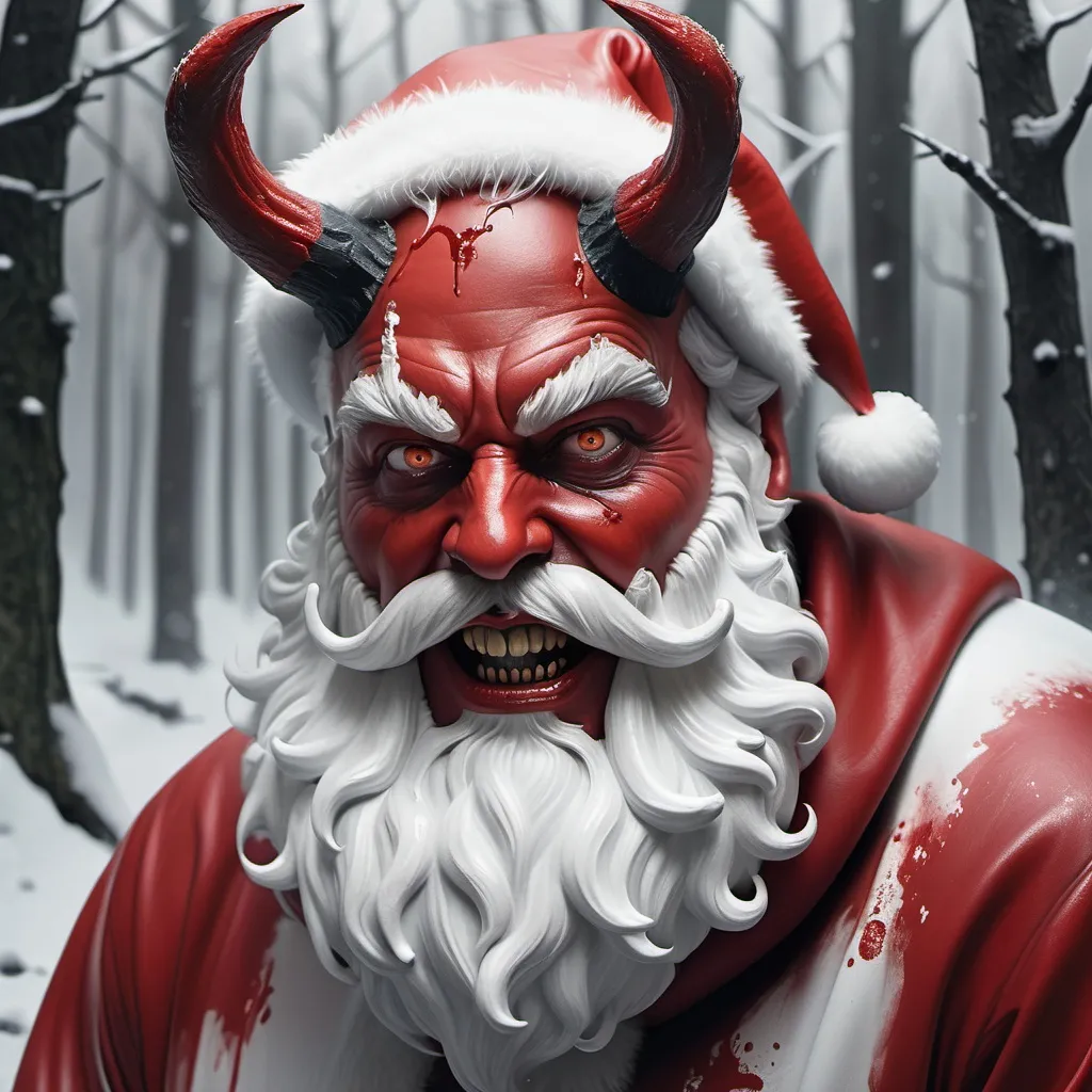 Prompt: Hyper realistic, Satan as Santa Claus, snowy forest, blood everywhere, jolly