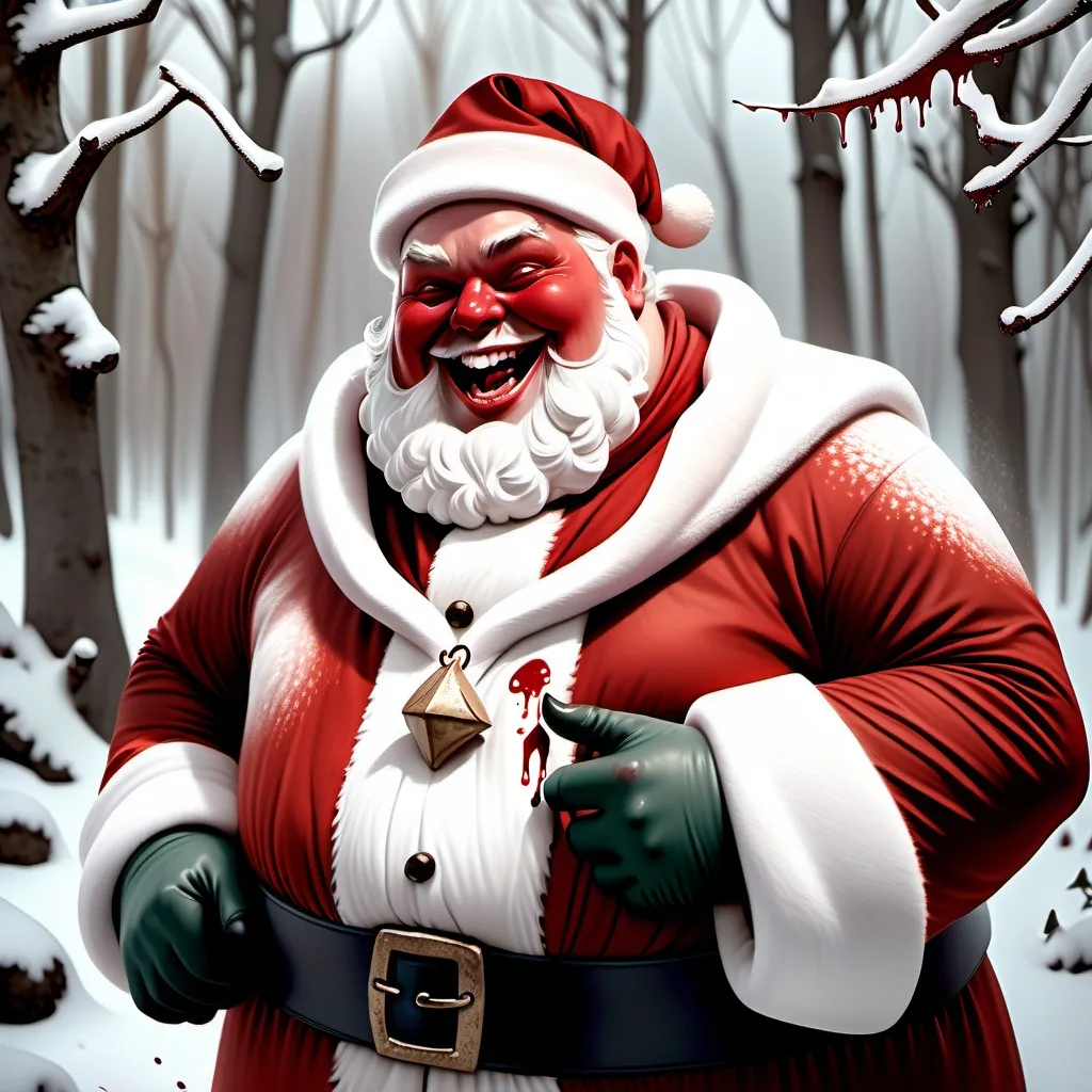 Prompt: hyper-realistic character, fantasy character art, illustration, dnd, warm tone, full body image of a chubby Satan as Santa Cluas, in a snowy forest, snow is stained with blood, he has a happy, laughing