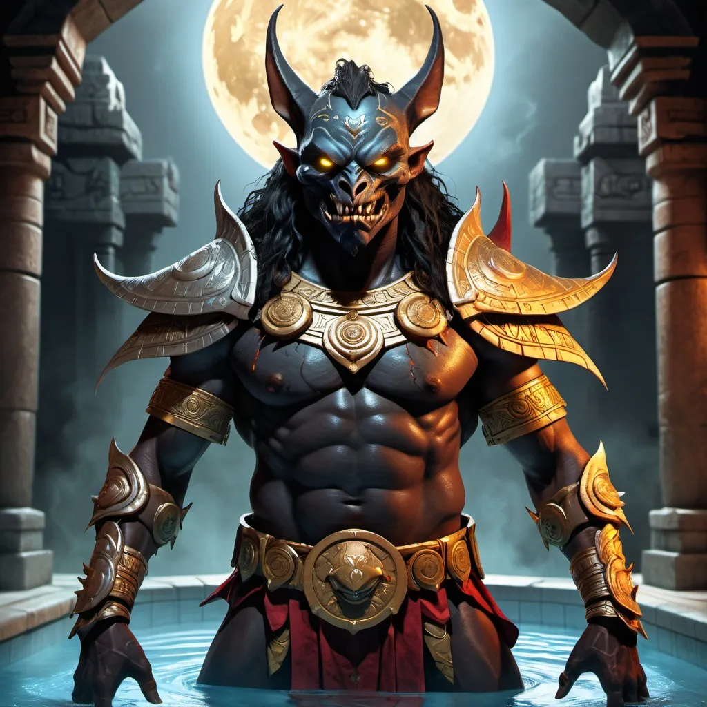 Prompt: hyper-realistic character, fantasy character art, illustration, dnd, warm tone, full body image of Camazotz, the Mayan anthropomorphic bat god, wearing turquoise and silver armor, silver moon behind him, dramatic shot, manipulator of blood, soft yellow glow of his eyes, black fur, standing in a pool of blood