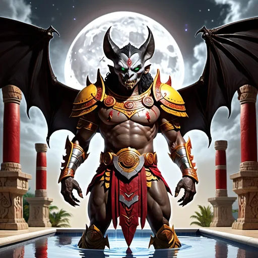 Prompt: hyper-realistic character, fantasy character art, illustration, dnd, warm tone, full body image of Camazotz, the Mayan anthropomorphic bat god, wearing turquoise and silver armor, silver moon behind him, dramatic shot, manipulator of blood, soft yellow glow of his eyes, black fur, standing in a pool of crimson blood