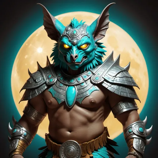 Prompt: hyper-realistic character, fantasy character art, illustration, dnd, warm tone, full body image of Camazotz, the Mayan anthropomorphic bat god, wearing turquoise and silver armor, silver moon behind him, dramatic shot, manipulator of blood, soft yellow glow of his eyes