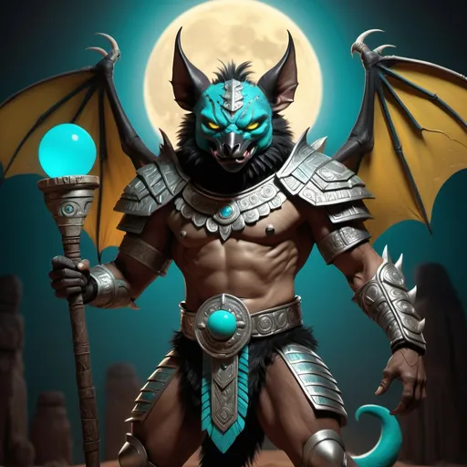 Prompt: hyper-realistic character, fantasy character art, illustration, dnd, warm tone, full body image of Camazotz, the Mayan anthropomorphic bat god, wearing turquoise and silver armor, silver moon behind him, dramatic shot, manipulator of blood, soft yellow glow of his eyes, black fur