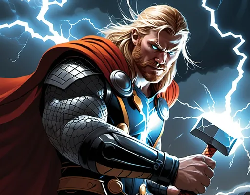 Prompt: a man in a thor costume holding a hammer and lightning bolt in his hand, with lightning behind him, Daryush Shokof, computer art, epic fantasy character art, a comic book panel