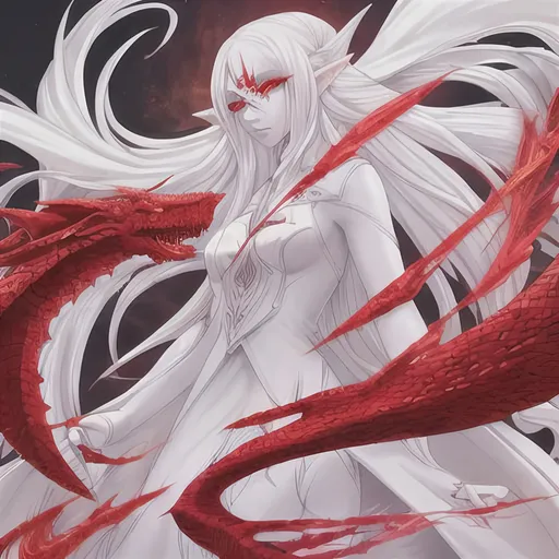 Prompt: white long hair, elf, 25 years old, woman, red eye, red dragon scale reflect on her skin, white dress, Dnd