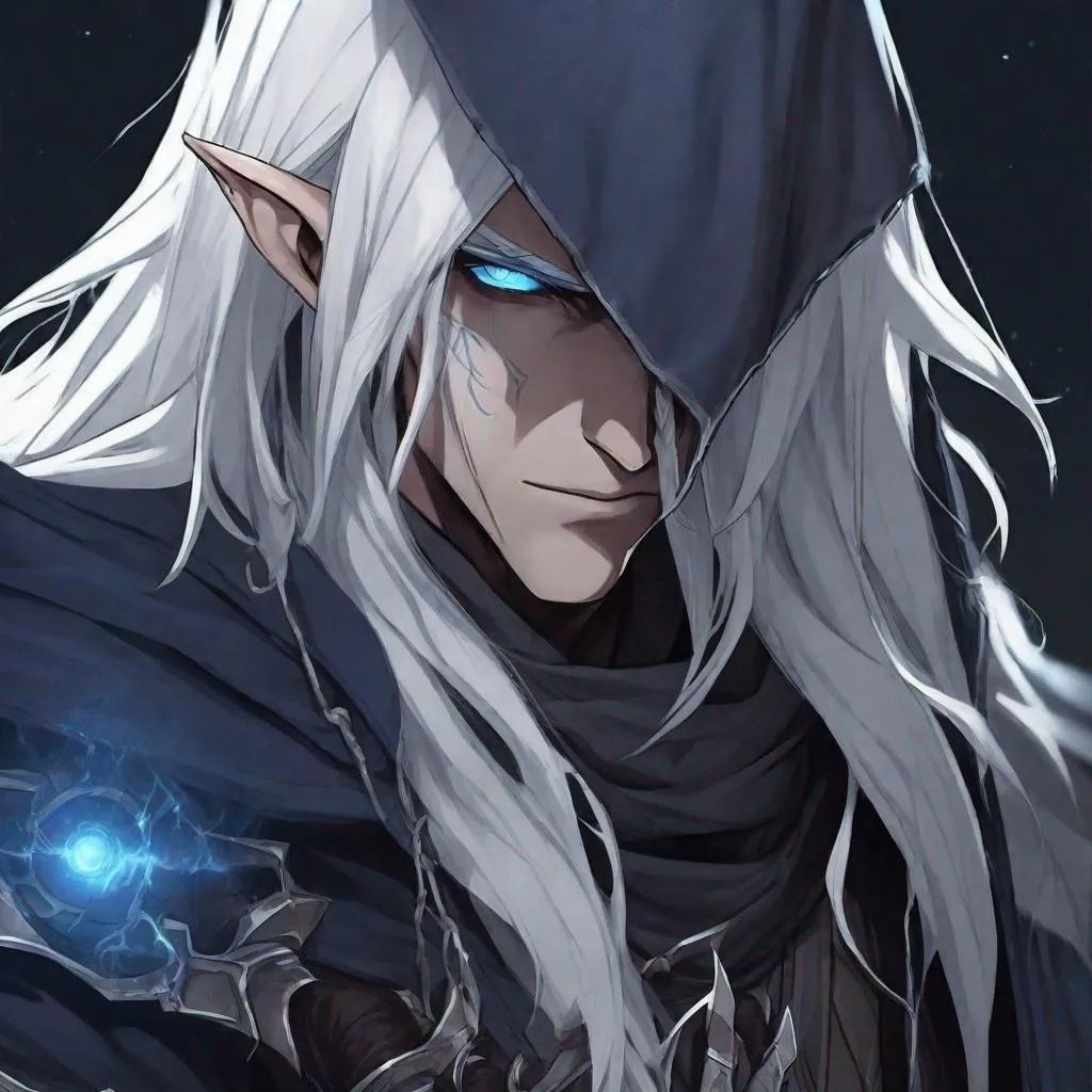 Prompt: Male, elf, long white hair, white skin,only one glowing cyborg  dark blue eye,, left prothese metal arm, dark hooded, dark background in night, DnD, scar on his face