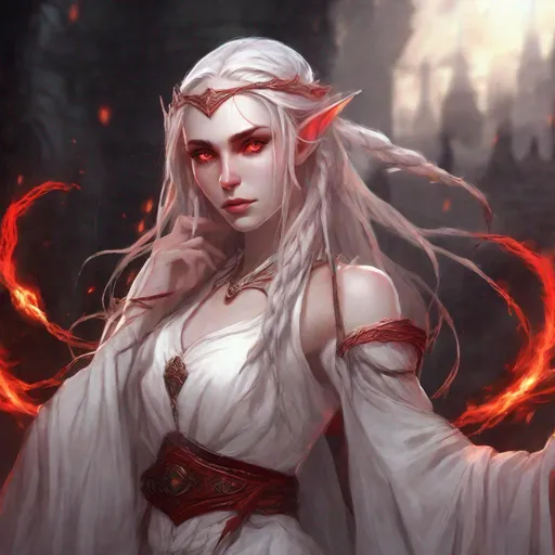 Prompt: female, elf,adult,gorgeous, white skin, skin with red  scale , white long and little braided hair, red pupil, DnD,
white dress, dark flaming background