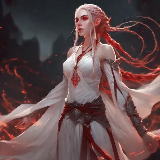 Prompt: female, elf,adult,gorgeous, white skin, skin with red  scale , white long and little braided hair, red pupil, DnD,
white dress, dark flaming background