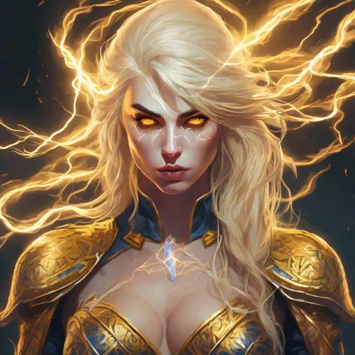 Prompt: DnD, wizard, female, elf, adult, gorgeous, white skin with blue scale reflection,
gold interlacing vegetal tattoo on her face ,  Blonds hair, golden pupils, haughty looking, condescending, blue lightnings dark background