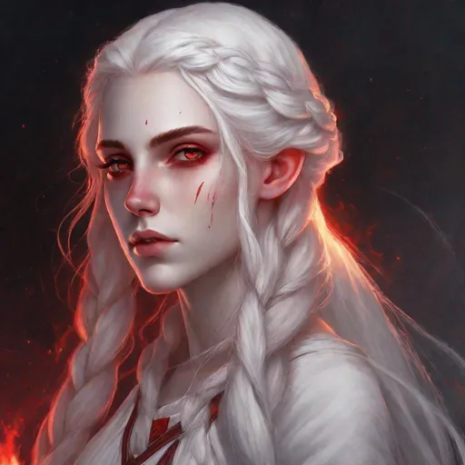 Prompt: female, elf,adult, white skin with red  scale reflection, white long braided hair, red pupil, DnD,
white dress, dark flaming background