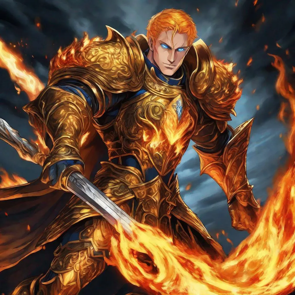 Prompt: DnD, male, elf, warrior, escanor, muscular, flamming short hair, blue eyes with flame, heavy lion armor , dark background with flames.
