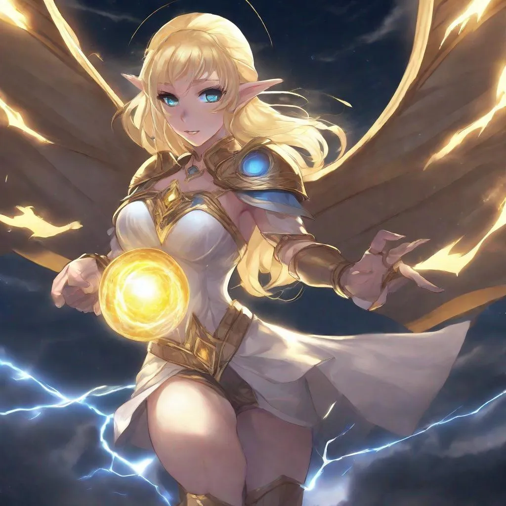 Prompt: DnD, goddess, female, elf, adult, anime, white skin,  Blonds hair, gold glowing eyes, gold energy orb levitate around her, blue energy lightning wings,dark sky background