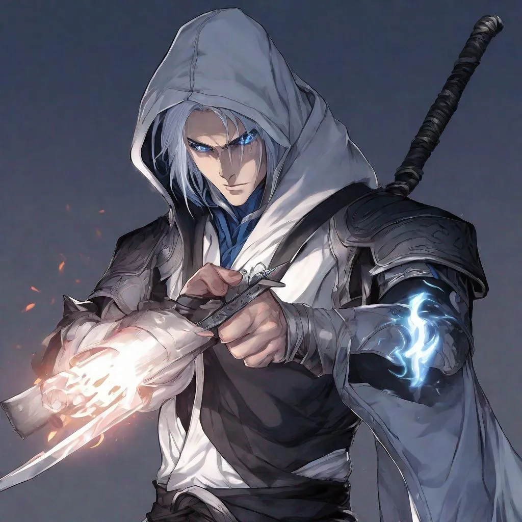 Prompt: DnD, Male, elf, long white, samouraï, hair, sengoku, white skin, only one glowing cyborg  dark blue eye, left prothese metal arm, dark hooded, night background, scars on his face, angry