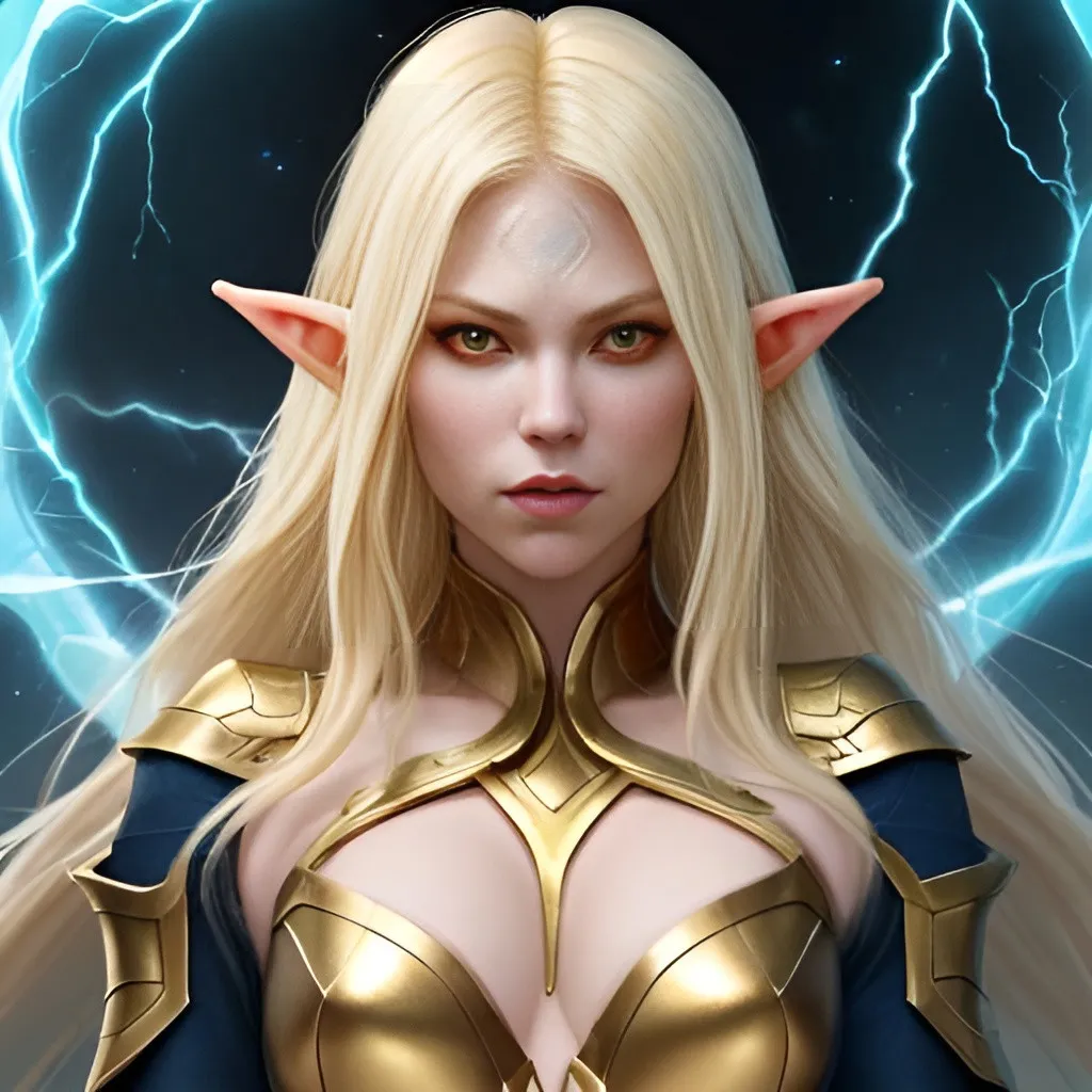 Prompt: female, elf,adult,gorgeous, white skin with blue scale reflection, wizard,
Golden ivy face tattoo,  Blonds hair, golden pupils, DnD, haughty looking, blue lightnings dark background with blue dragon