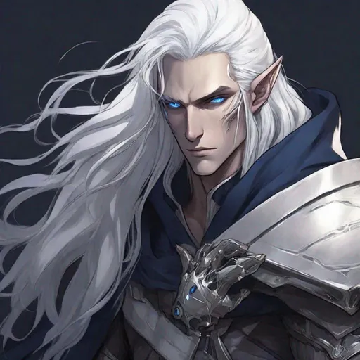 Prompt: Male, elf, long white hair, white skin,one glowing cyborg  dark blue eye,, left prothese metal arm, dark hooded, dark background in night, DnD, scar on his face