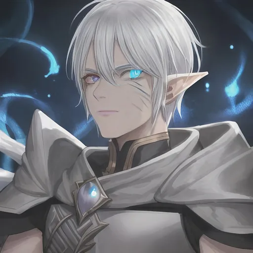Prompt: Male, Elf, white hair attached, DnD, metalic  left arm, cyborg left glowing eye, blue eye, hooded, with scar, white beard, dark background in night