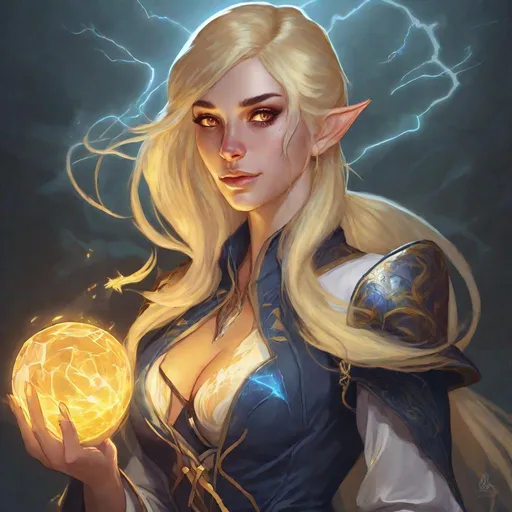 Prompt: female, elf,adult,gorgeous, white skin with blue scale reflection, wizard,
Golden ivy face tattoo,  Blonds hair, golden pupils, DnD, haughty looking, blue lightnings dark background with blue dragon