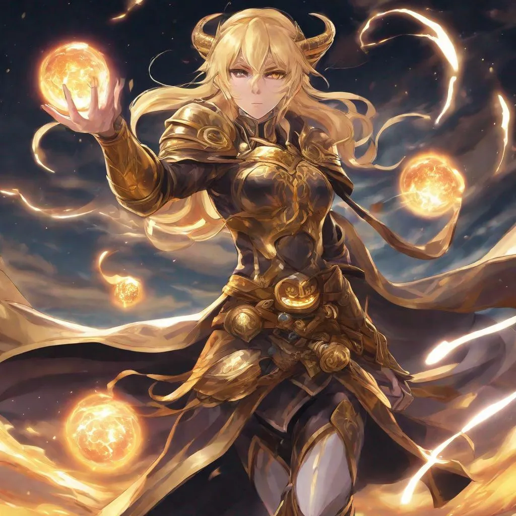 Prompt: DnD, goddess, female, anime, elf, adult, white skin,  Blonds hair, gold glowing eyes, gold energy orb levitate around her, susanô armor ,dark sky background