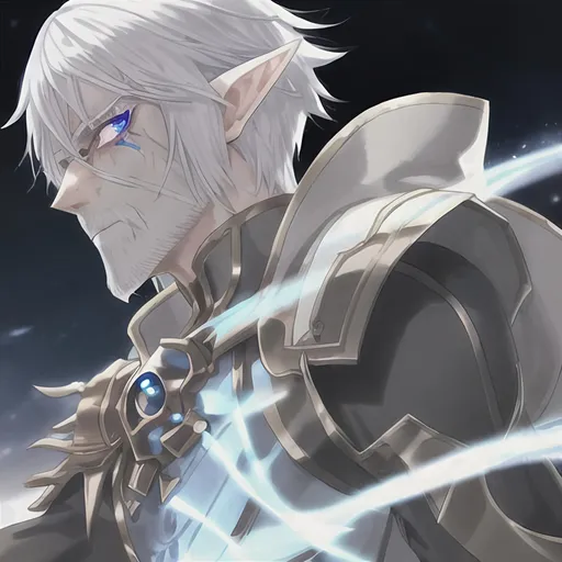 Prompt: Male, Elf, white hair attached, DnD, metalic  left arm, cyborg left glowing eye, blue eye, hooded, with scar, white beard, dark background in night