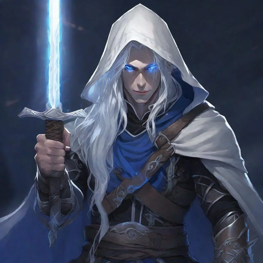 Prompt: Male, elf, long white hair, white skin,left glowing blue eye, blue eye, left prothese metal arm, hooded, dark background in night, DnD, light armor, katana