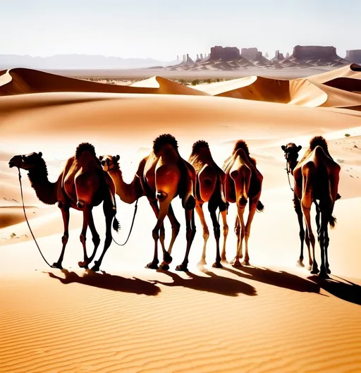 Prompt: A bunch of camels with big mouths pointed down walking together in the desert in a far view
