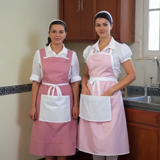 Prompt: Portuguese 50 years old housekeeper in dirty modern pink maids dress and white full length apron and young 20 years old maid
