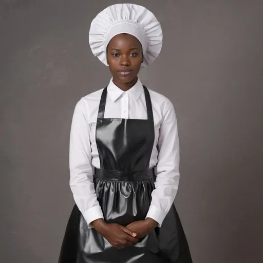 Prompt: young and humble African slave female dressed has as a modern maid with uniform and pvc full length apron