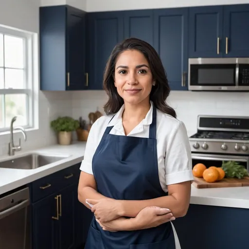 Prompt: humble LATINA housekeeper in dark blue dress and white apron in modern kitchen
