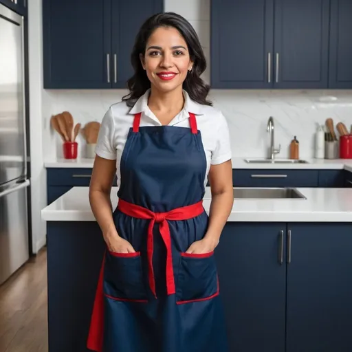 Prompt: humble LATINA housekeeper in dark blue dress and red apron in modern kitchen
