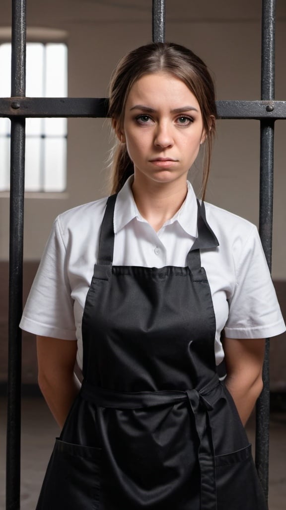 Prompt: strong dirty humble sad maid working in prison in uniform and apron