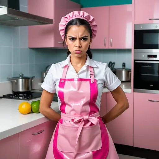 Prompt: latina young maid  angry luxurious kitchen in uniform with pvc pink apron