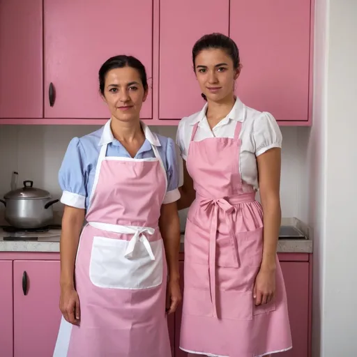 Prompt: humble Portuguese 50 years old housekeeper in dirty modern pink maids dress and white full length apron and young 20 years old maid
