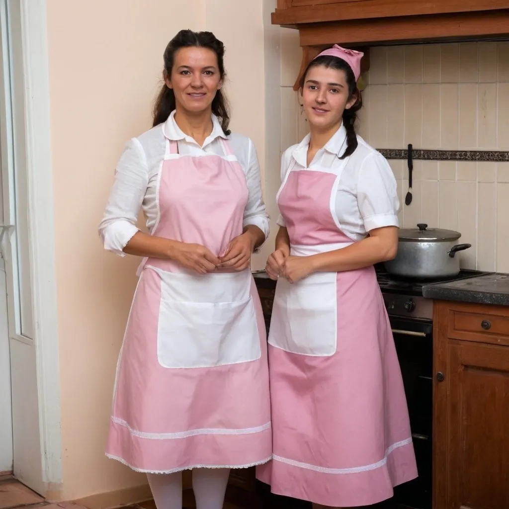 Prompt: humble Portuguese 50 years old housekeeper in dirty modern pink maids dress and white full length apron and young 20 years old maid
