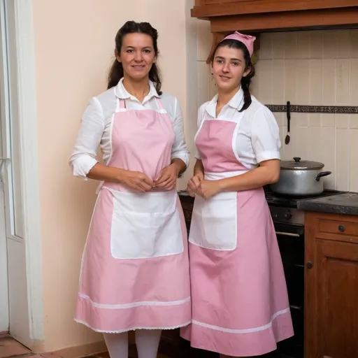 Prompt: humble Portuguese 50 years old housekeeper in dirty modern pink maids dress and white full length apron and young 20 years old maid
