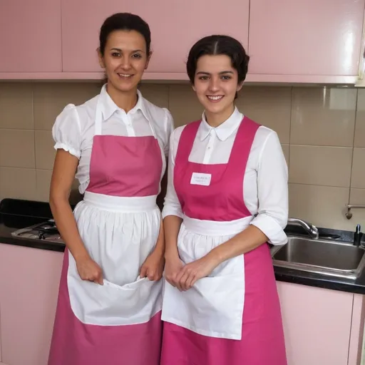 Prompt: Portuguese 50 years old housekeeper in dirty modern pink maids dress and white full length apron and young 20 years old maid
