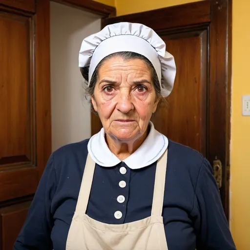 Prompt: mad Portuguese old housekeeper in uniform