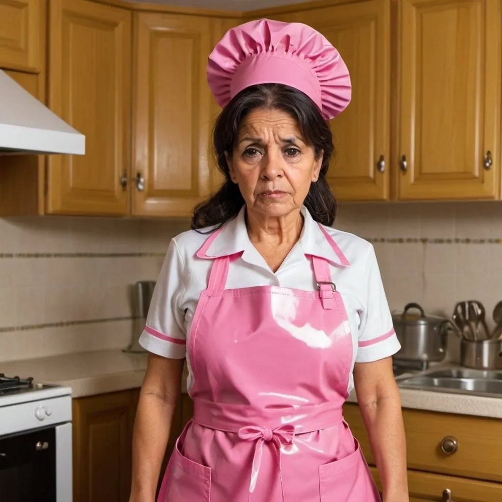 Prompt: latina old maid  sad luxurious kitchen in uniform with pvc pink apron 