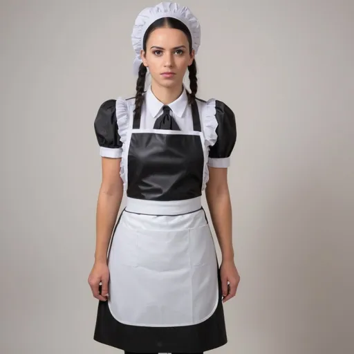 Prompt: young and humble sad Portuguese slave female dressed has as a modern maid with uniform and pvc full length apron