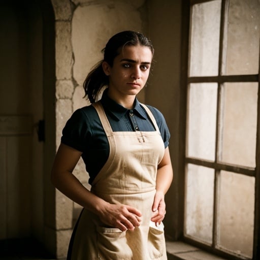 Prompt: Sad strong dirty young Portuguese maid in uniform and apron working