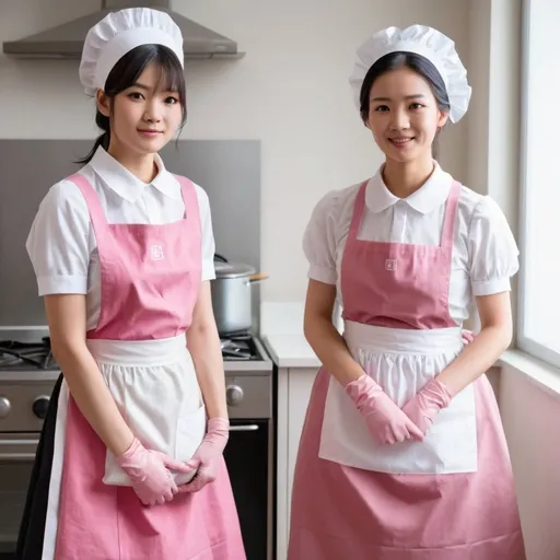 Prompt: Japanese old housekeeper in dirty modern pink maids dress and white full length apron and young maid

