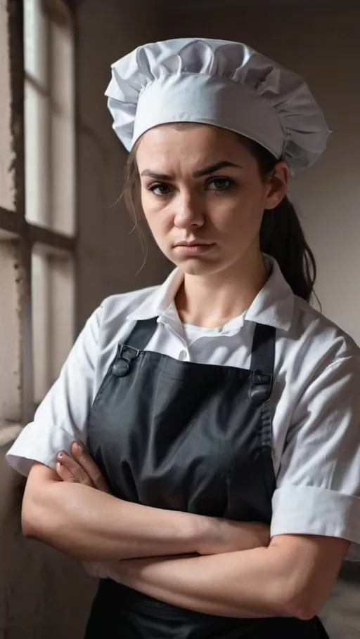 Prompt: strong dirty humble sad maid working in prison in uniform and apron