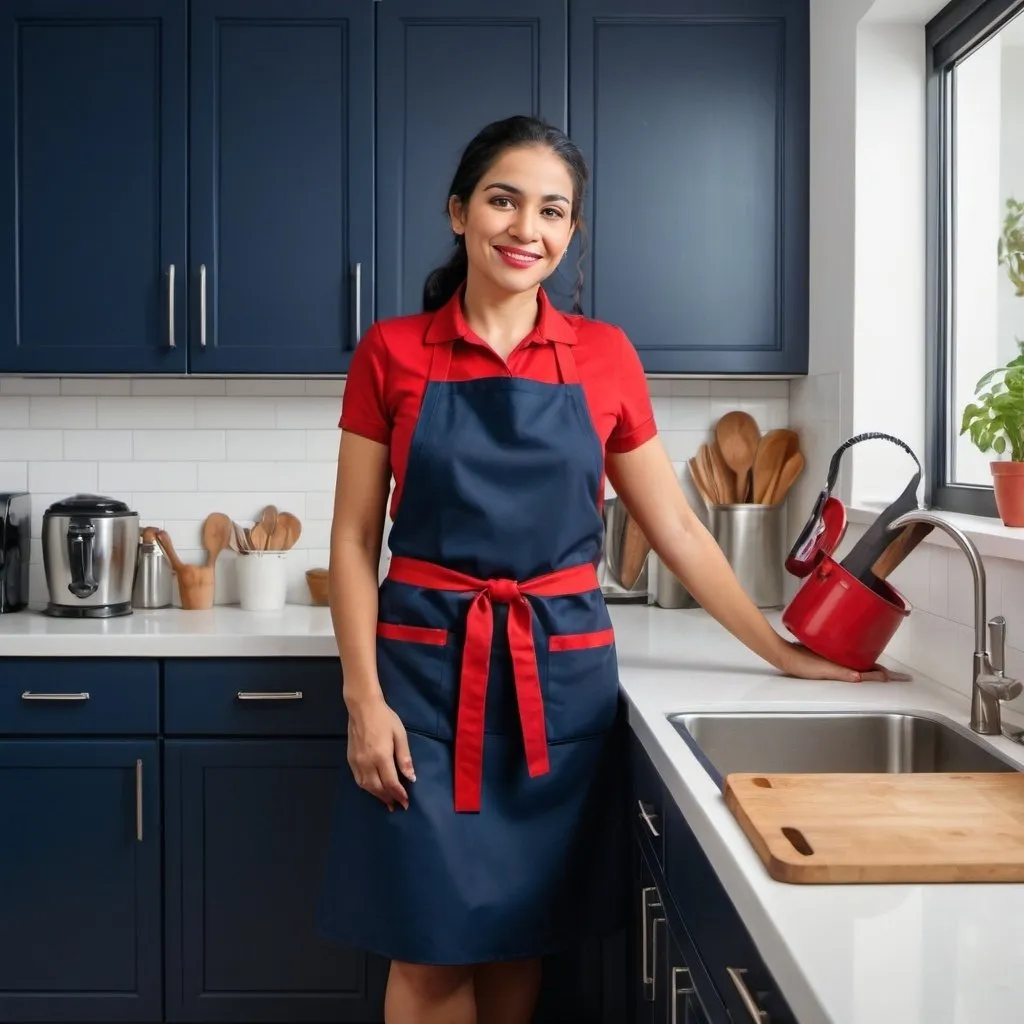 Prompt: humble LATINA housekeeper in dark blue dress and red apron in modern kitchen
