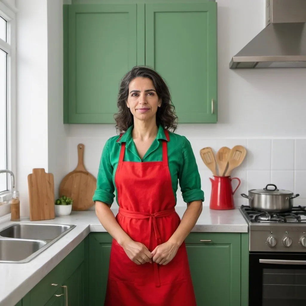 Prompt: humble Portuguese housekeeper in green dress and red apron in modern kitchen
