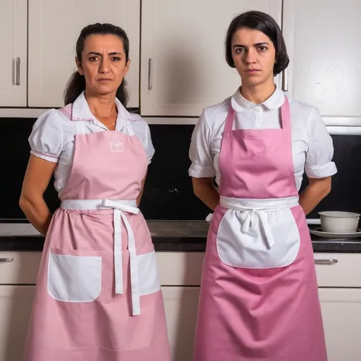 Prompt: angry Portuguese 50 years old housekeeper in dirty modern pink maids dress and white full length apron and young 20 years old maid
