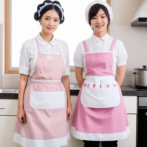 Prompt: Japanese old housekeeper in dirty modern pink maids dress and white full length apron and young maid
