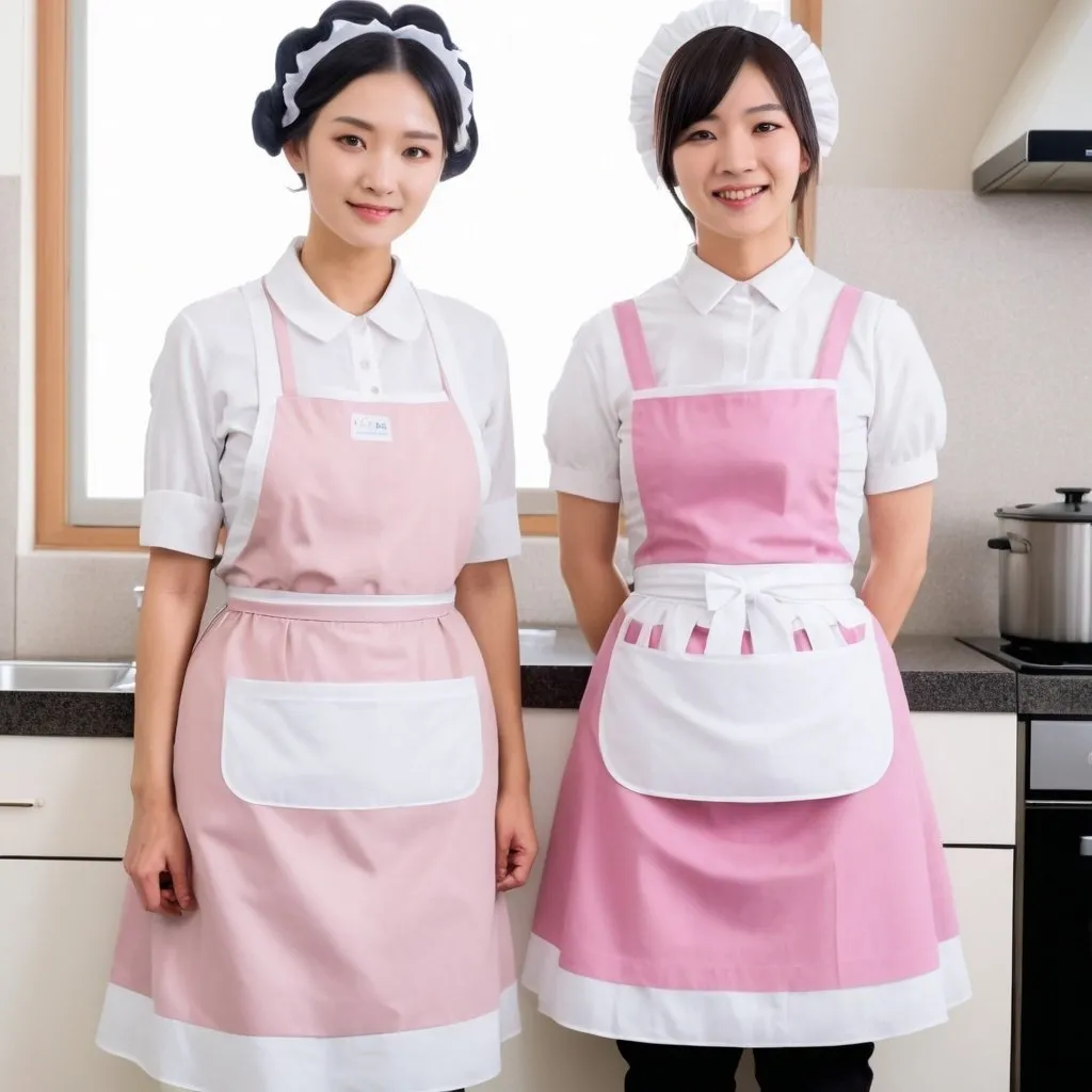 Prompt: Japanese old housekeeper in dirty modern pink maids dress and white full length apron and young maid
