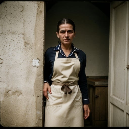 Prompt: Sad strong dirty Portuguese maid in uniform and apron working